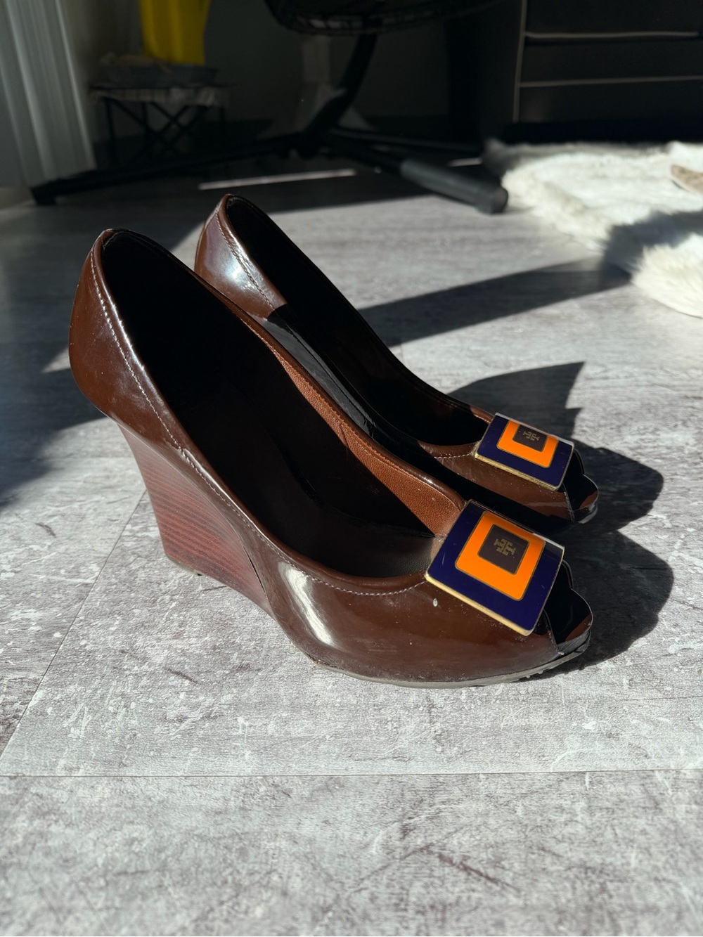 Chocolate Brown Tory Burch Wedge Peep-Toe Heels with Decorative Buckle